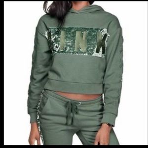 PINK green cropped velvet hoodie